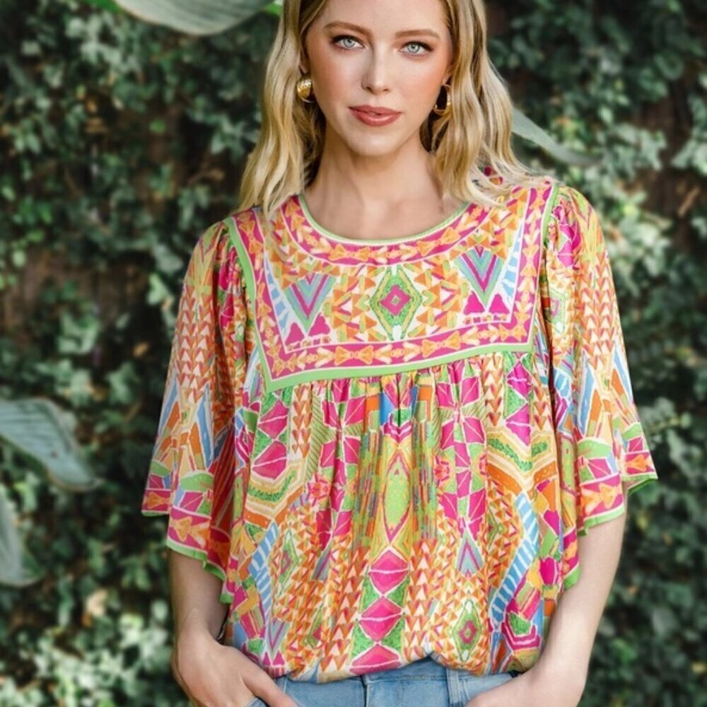 Plus Size Geometric Wide Sleeve Blouse
